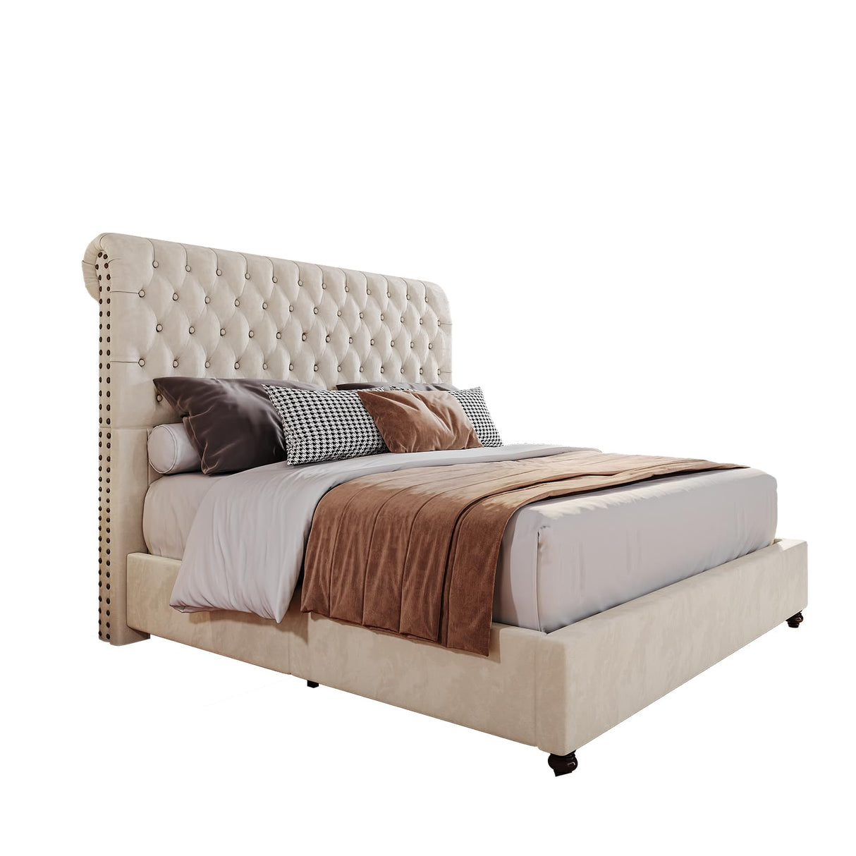 PaPaJet King Bed Frame Upholstered Platform Bed Frame with 52.8'' Tall Sleigh Headboard, Button Tufted, No Box Spring Needed, Easy Assembly, Cream PaPaJet
