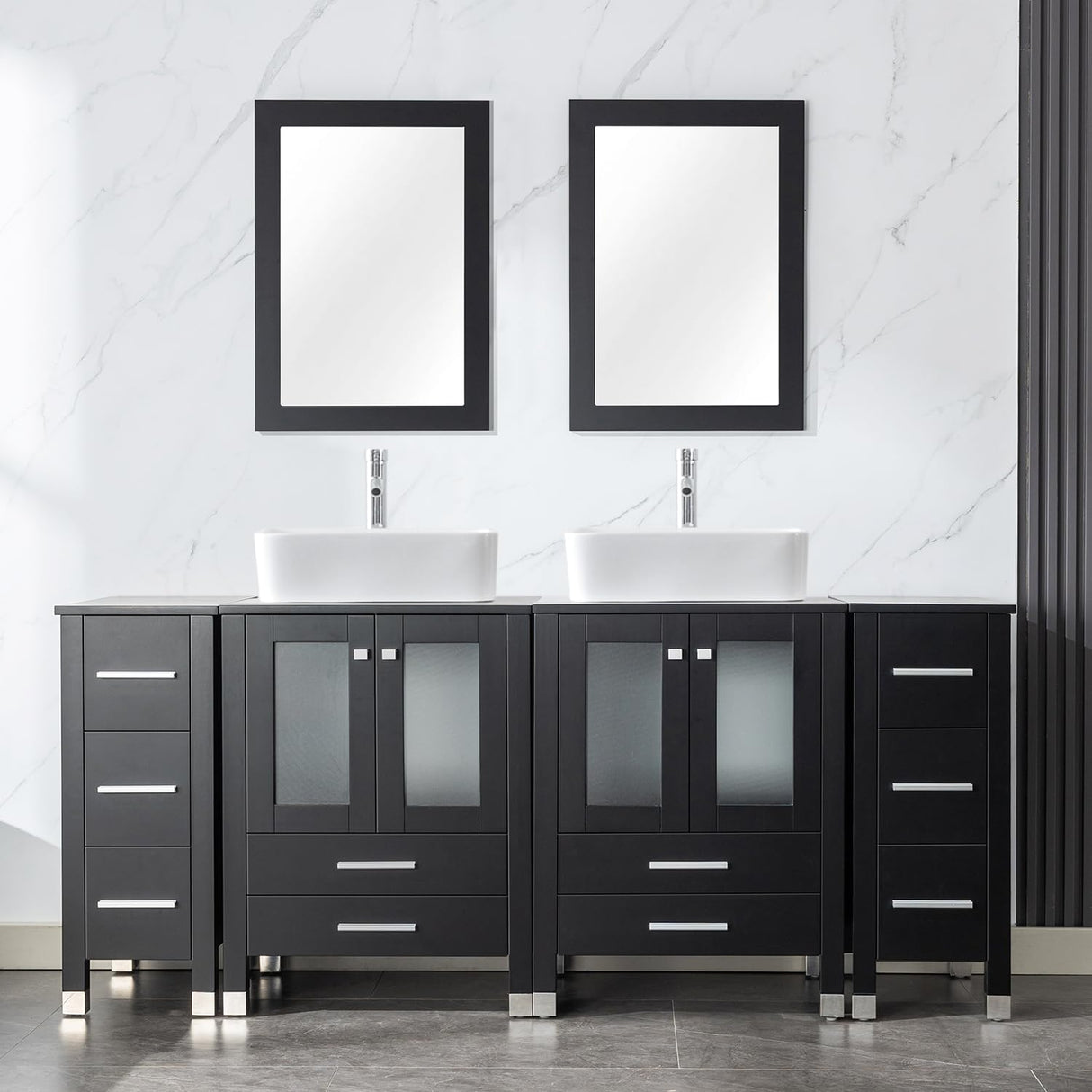 LUCKWIND 72" Double 24-in Bathroom Vanity with Sink Combo, Elegant Series with Two 12.6-in Side Cabinets, Painted Frame, Including White Rectangle Sinks, Faucets Without Mirrors, Black LUCKWIND