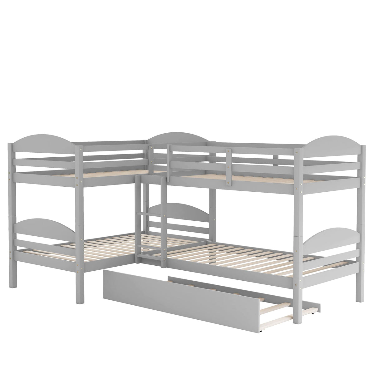 Harper & Bright Designs Quad Bunk Bed with Trundle,Twin Over Twin Bunk Bed for Kids,L-Shaped 4 Beds Bunk Bed Frame & Guardrails Corner Bunk Beds,No Box Spring Needed(Gray,L Shaped Bunk Bed) Harper & Bright Designs
