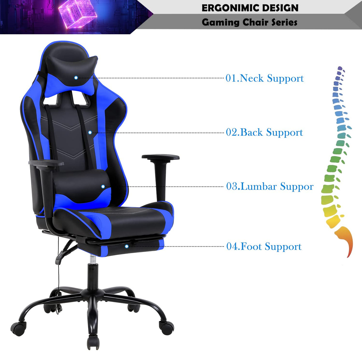 Gaming Chair, Height Adjustable Swivel Rolling Chair with Headrest Footrest and Massage Lumbar Support, PU High Back Ergonomic PC Chair for Office or Gaming, Office Gaming Chair Haiput Wam