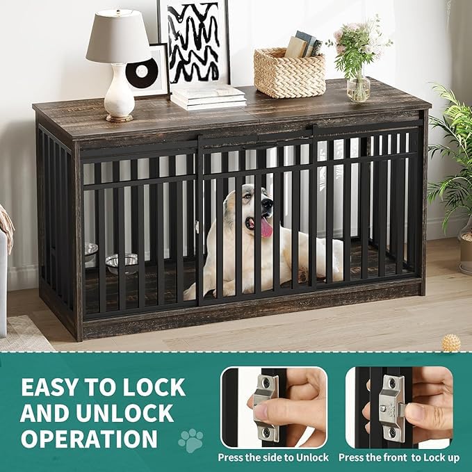YITAHOME 55 Inch Large Dog Crate Furniture, Heavy Duty Wooden Dog Crate TV Stand with 2 Dog Bowls, Metal Dog Kennel Indoor Furniture Sliding Barn Door Design for Extra Large Dogs, Black Oak YITAHOME