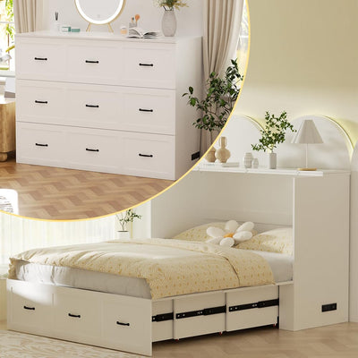 Full Size Murphy Bed with Charging Station and Drawer Farmhouse Cabinet Bed Wood Space-Saving Hidden Folding Platform Bed Chest for Home Office Bedroom Guest Room Apartment,White