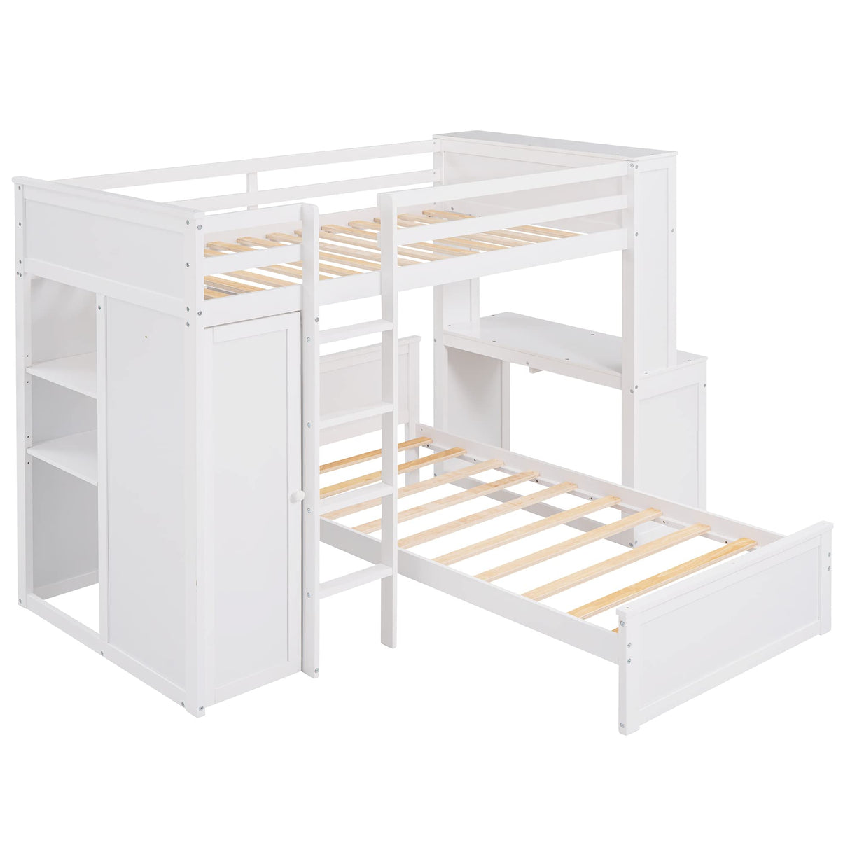 Loft Bed with Desk and Wardrobe Twin Over Twin Loft Bunk Beds Frame with Storage Drawers and Bookcase Wood All in One Beds for Kids Boys Girls Teens, White Bellemave