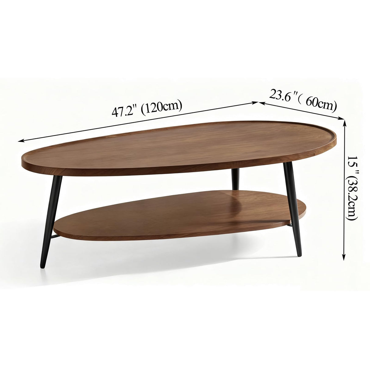 Oval Coffee Table for Living Room,47" Oval Walnut Coffee Table Mid Century Modern 2 Tier for Small Space,D47xw23.6xh15 Hothingwell