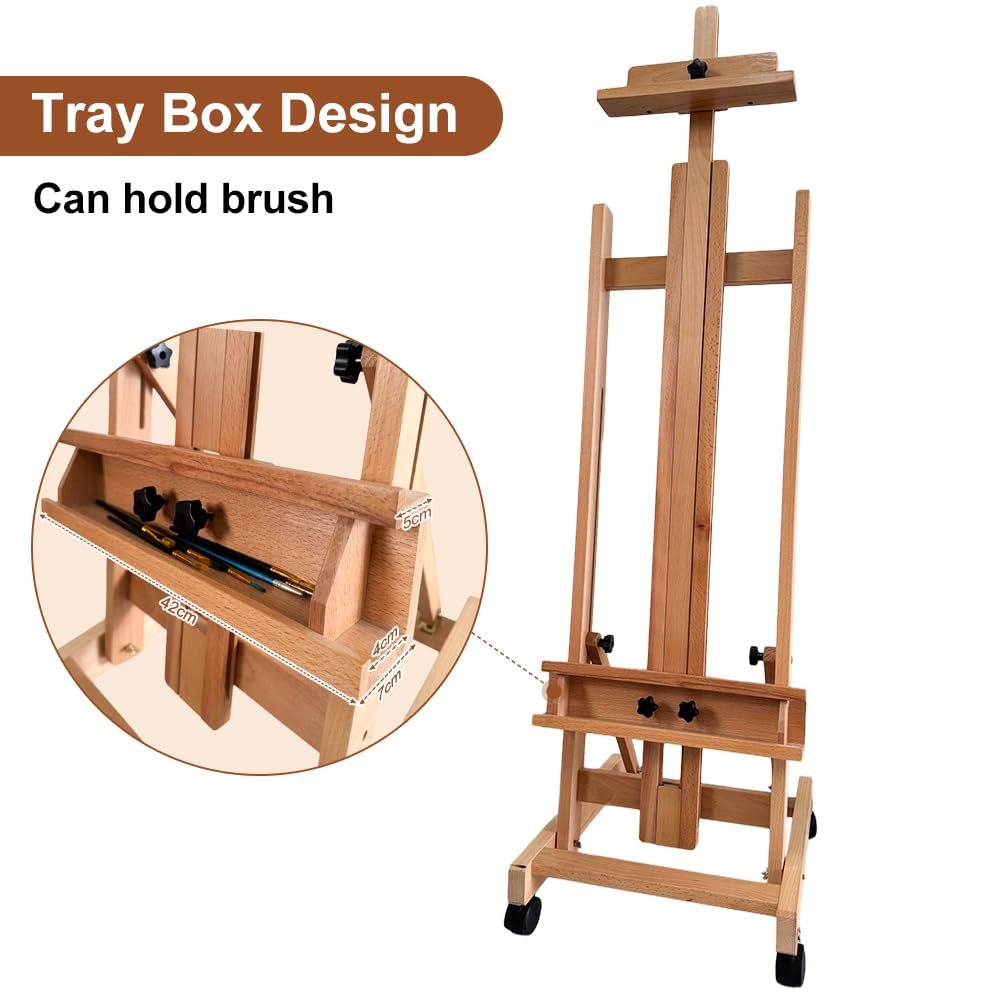 Professional H-Frame Studio Easel, Beech Wood, Height-Adjustable with Wheels, Storage Box, 73-Inch Canvas Capacity (Nature) Generic