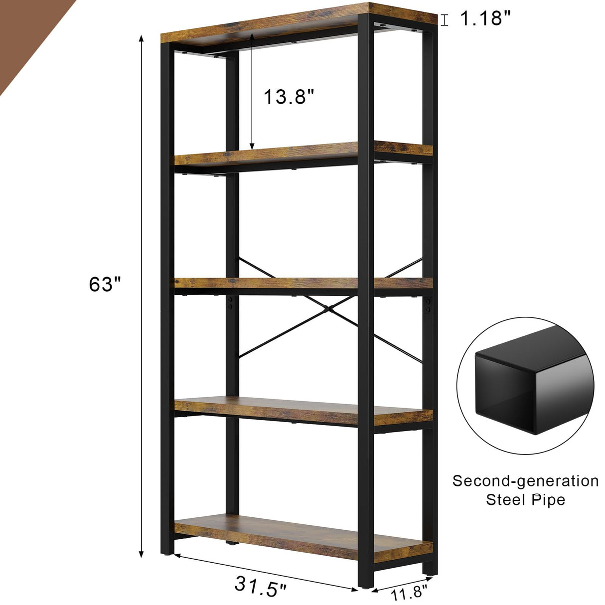 iabifo 5-Tier Adjustable Heavy Duty Bookshelf, Industrial Wooden Open Storage Rack with Black Metal Frame, Vintage Bookcase with Lock Wall Design, Rustic Brown iabifo
