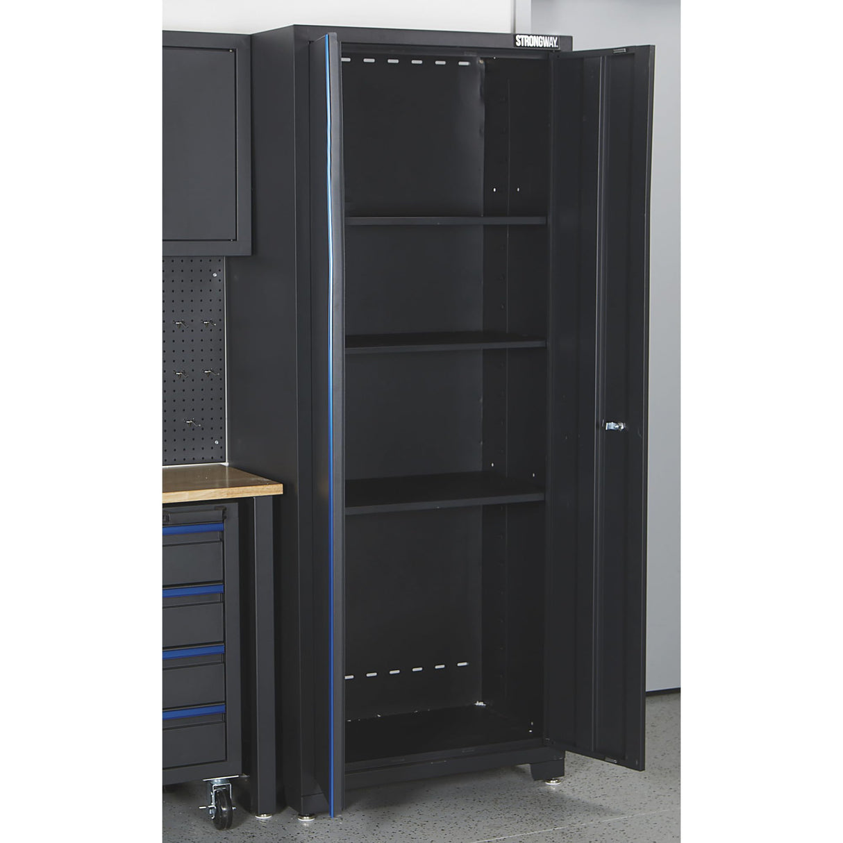 Strongway Steel Garage Storage System with Drawers, Pegboard, Shelves, Tabletop, 2 Rolling Cabinets, 81.5in. x 75.7in. Strongway