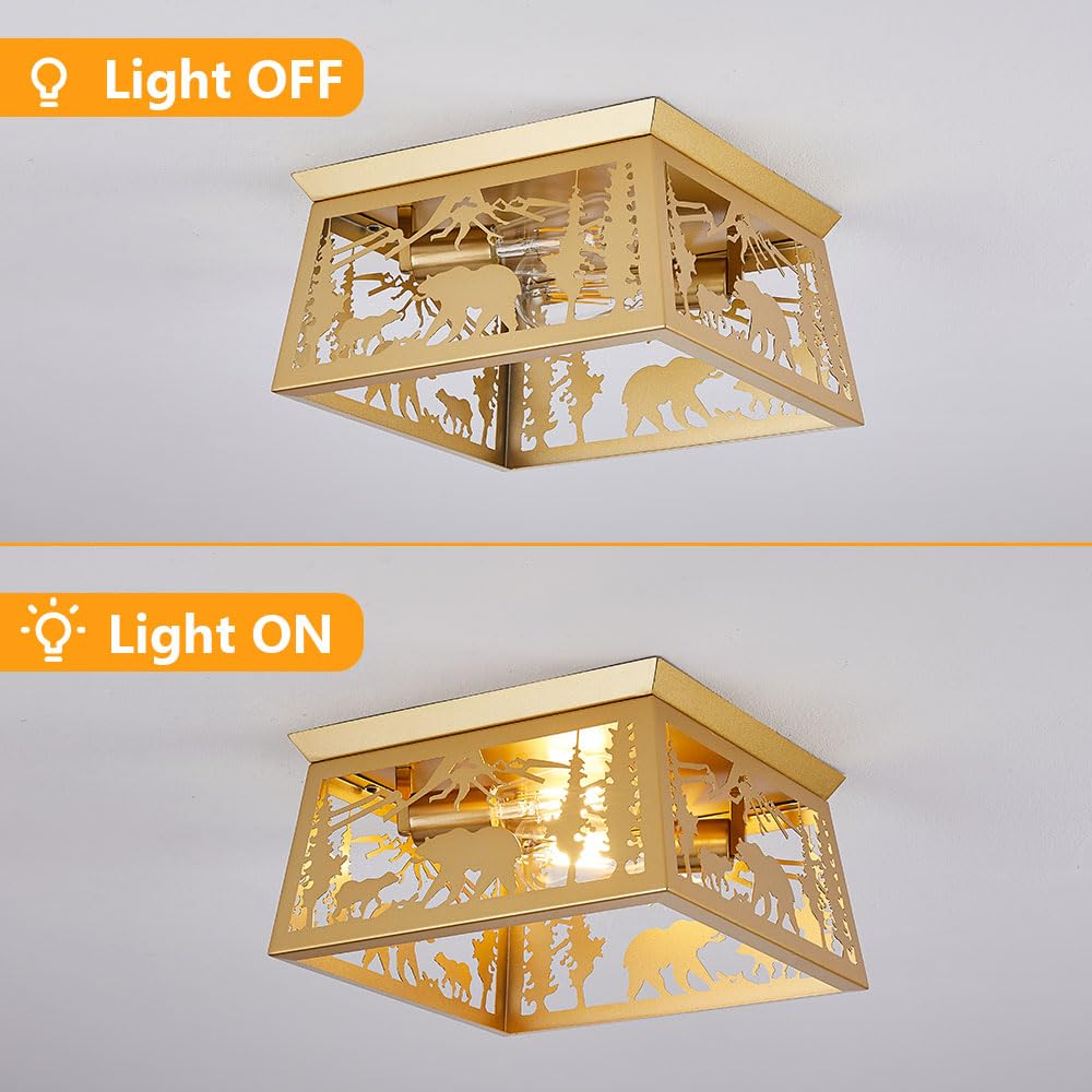 Gold Bear Lamp, Log Cabin Semi Flush Mount Ceiling Light Rustic Modern Farmhouse Golden Bear Light for Bedroom Entryway Living Room Foyer,E26 Base, 12.5" Feohak