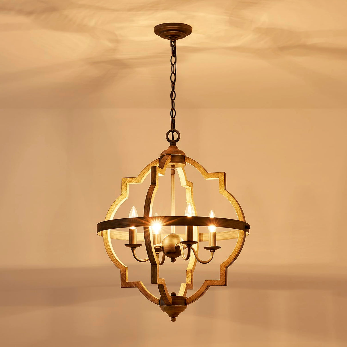 Saint Mossi 4-Lights Farmhouse Chandelier for Dining Room, Rustic Globe Black Chandeliers for Dinging Room, Orb Drum Chandeliers Light Fixtures, H22 x D20, Wood Grain Metal Frame SM Saint Mossi