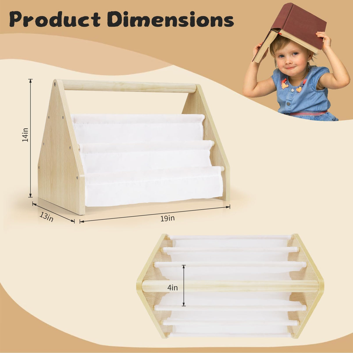 Epelay 19" Toddler Bookshelf, 6-Tier Double-Sided Kids Bookshelf, Montessori Bookcase for Toddlers with Deep Fabric Pockets, Natural Wooden Toy Storage Organizer for Nursery or Playroom Epelay