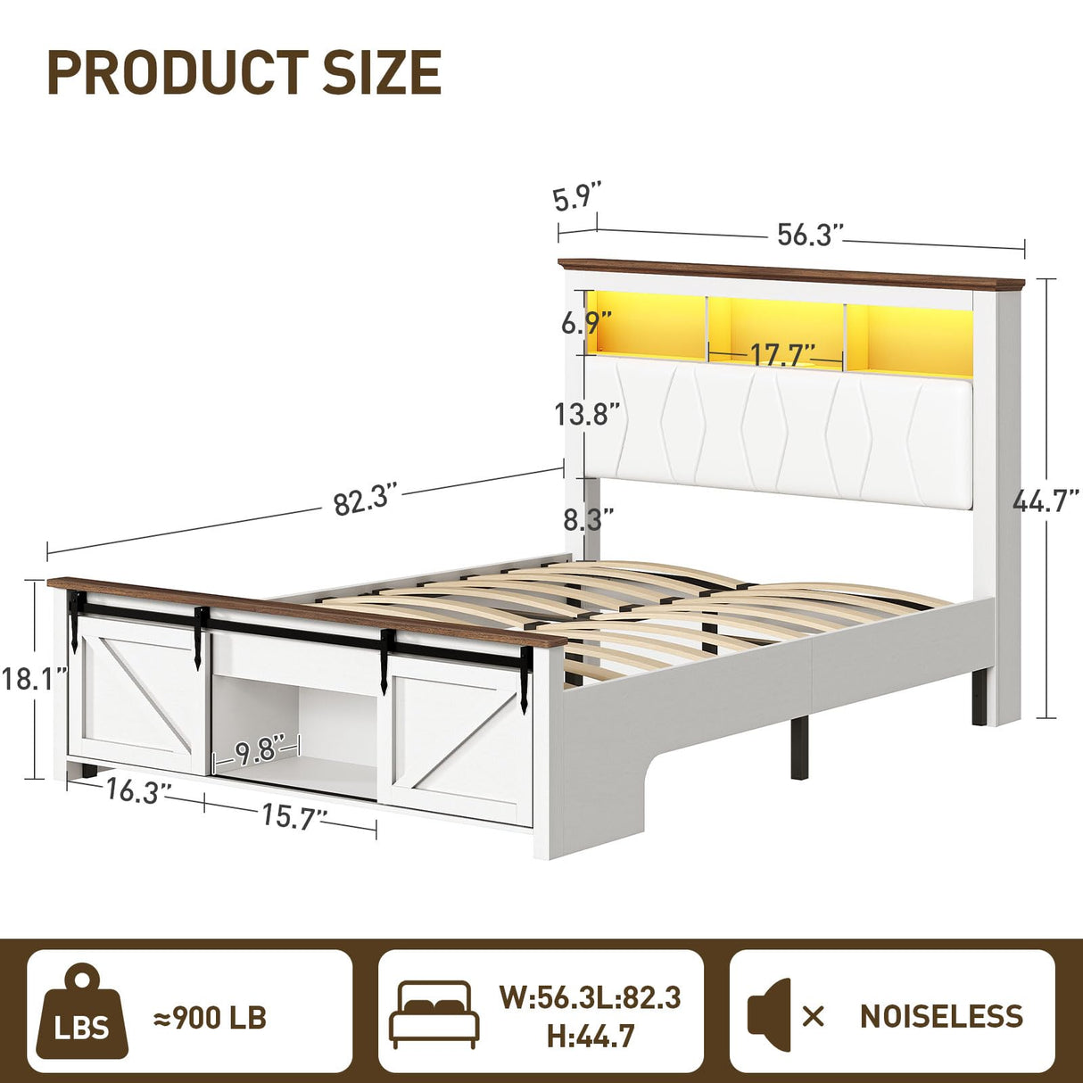 Farmhouse Full Size Bed Frame with Sliding Barn Door and Storage Bookcase, PU Leather Headboard with Charging Station and LED Light, Arc-Shaped Slats, No Box Spring Needed, No Noise, White and Walnut RALGEND