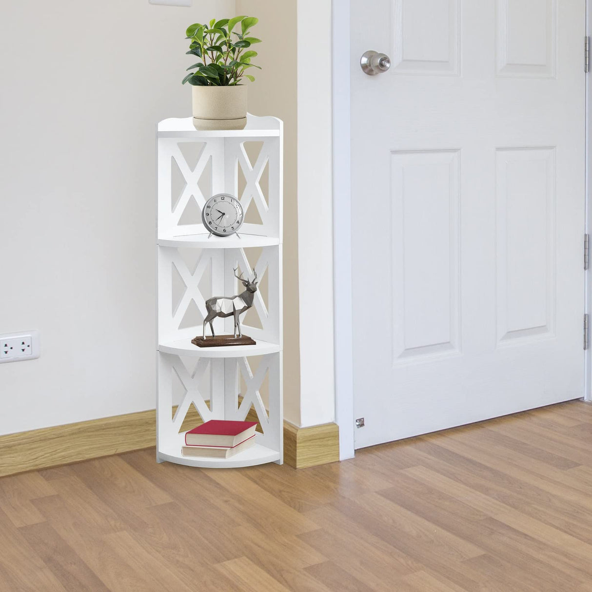 NHZ Corner Shelf Stand, Wood Corner Bookshelf, Corner Bookcase and Plant Stand (White, 4 Tier) NHZ