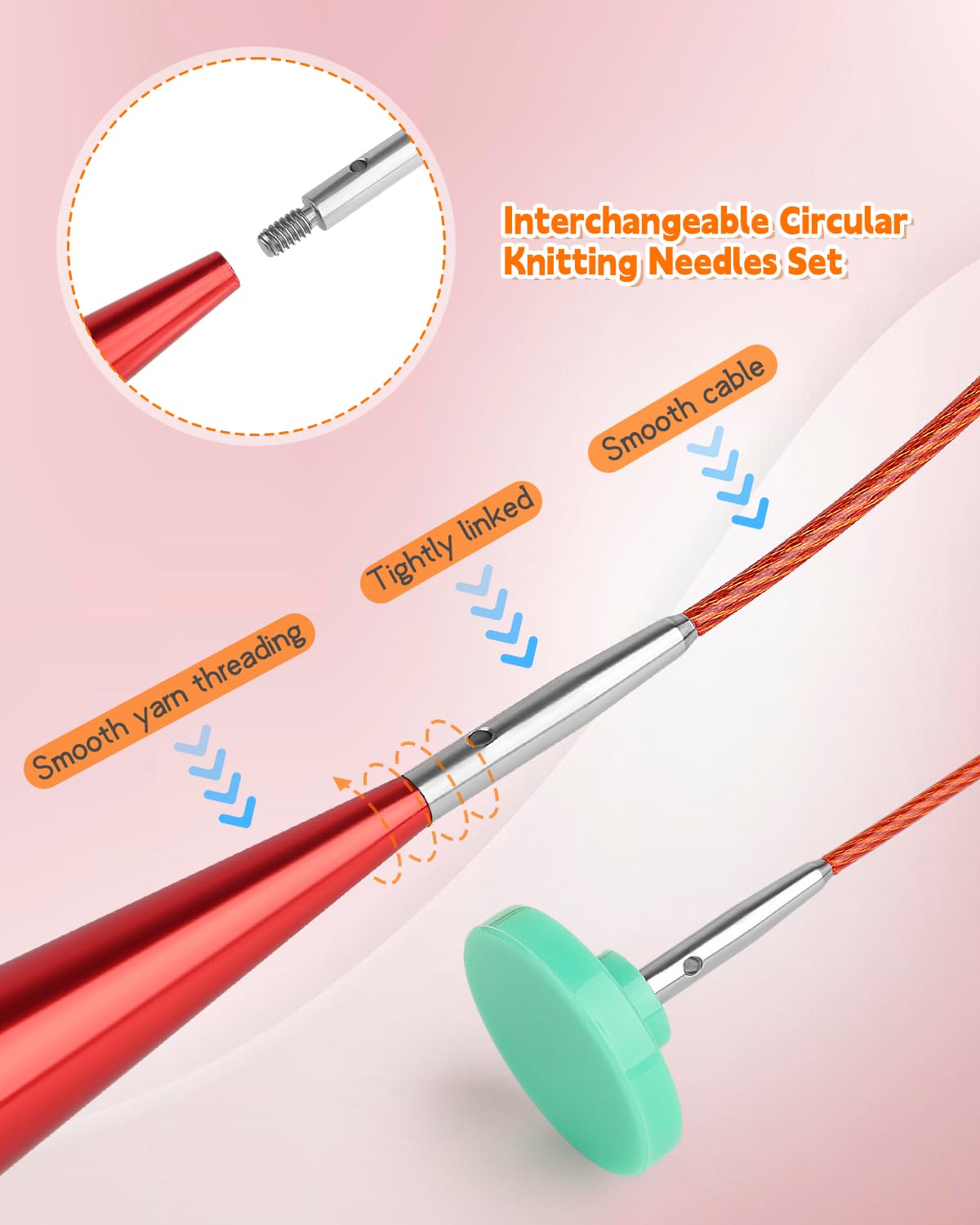 Interchangeable Knitting Needle Set with Circular Cable for Crafters, 13 Circular Knitting Needles with 4 Cable, 3-10 mm Aluminum Knitting Needles for Beginner, DIY Crafts, Red Needle Set Aeelike