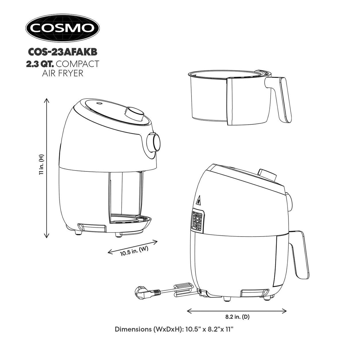 COSMO COS-23AFAKB 2.3 Quart Electric Small Air Fryer with Temperature Control, Timer, Auto Shut-Off, Non-Stick Frying Tray, 1000W Compact Mini Air Fryer (2.3 Quarts, Stainless Steel/Black) COSMO