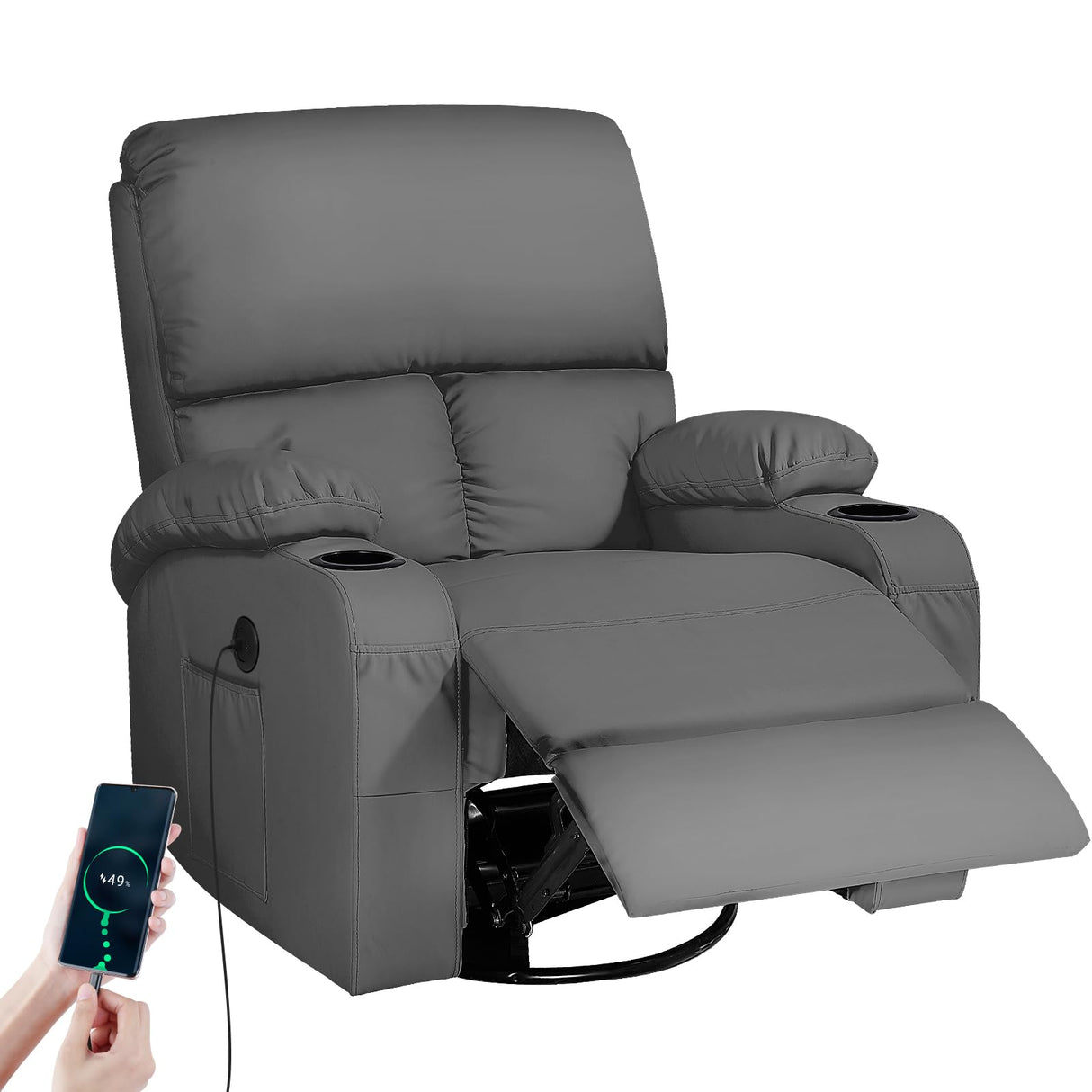 Rocking Recliner Chair, Massage Rocker Recliner Chair with Vibration Massage and Heat, USB and Type-C Ports,360° Swivel Faux Leather Chairs, Living Room, Bedroom, Nursery, RV, Dark Grey LEVELEVE