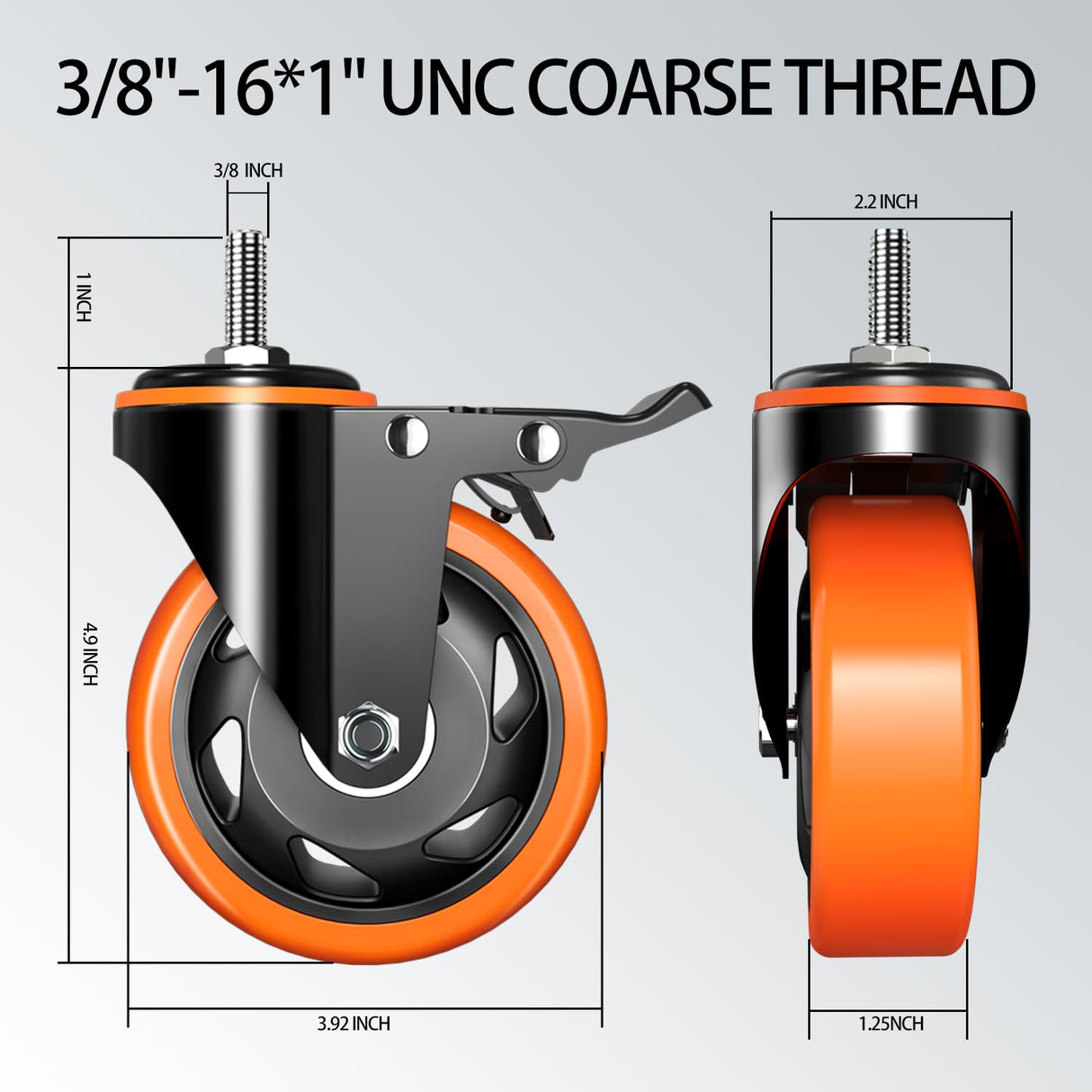 4 inch Stem Caster Wheels 2000lbs, Threaded Stem Casters Set of 4 Heavy Duty,3/8"-16 x 1"(Stem Diameter 3/8", Stem Length 1"), Safety Dual Locking Caster, Industrial Castor Wheels for Cart,Furniture TAYLOON