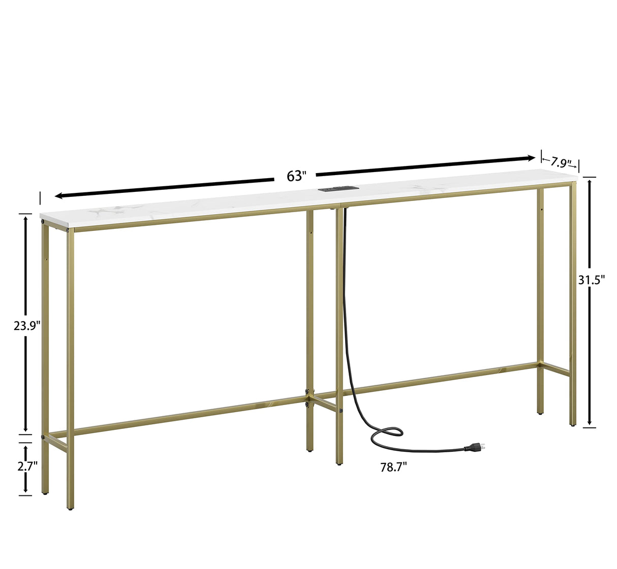 Masupu 70.9 Inch Console Table with Power Outlet,Modern Narrow Long Sofa Table Behind Couch,Skinny Entry Table with Gold Metal Frame for Entryway,Living Room, Hallway,Marble White Masupu