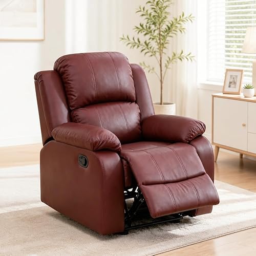 Trygoal Single Leather Manual Recliner Chair, Oversized Lazy Boy Recliner with Home Theater Seating, Breathable Living Room Reclining Chair for Adults Reading, Gaming, Relax, Red