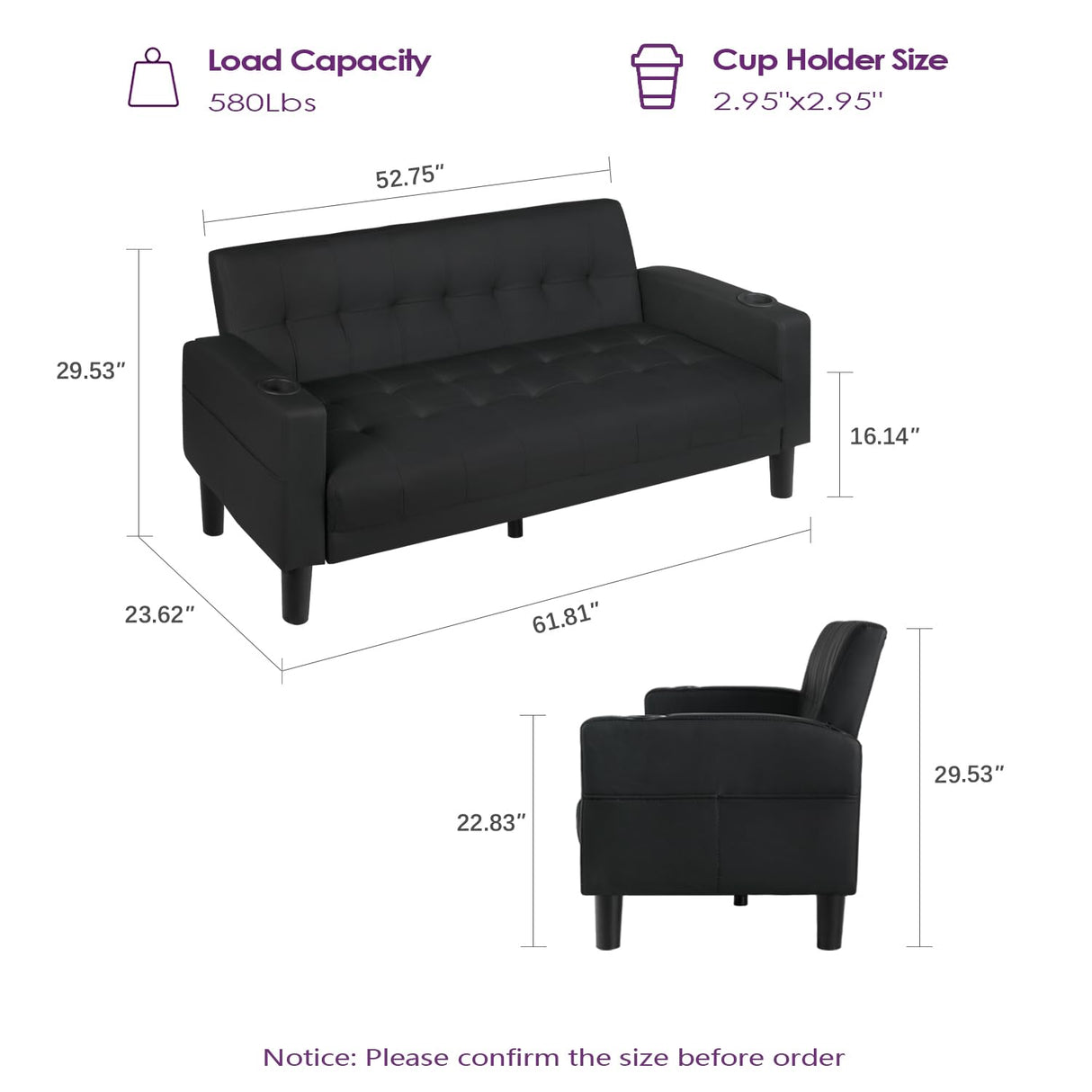 TYBOATLE Sofa Couch 62" W Loveseat w/ 2 USB Charger Ports & 2 Cupholders, Mid-Century Modern Tufted Black Faux Leather Small Love Seat Couches for Office,Compact Living Room,Bedroom,Apartment,Dorm TYBOATLE