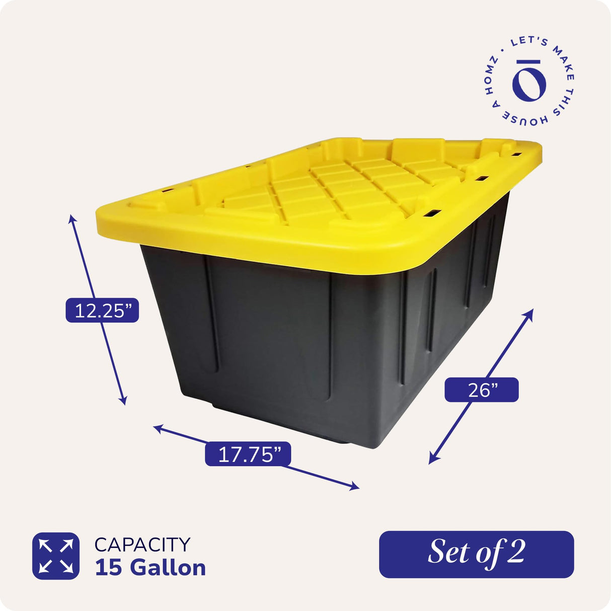 HOMZ 2-Pack Durabilt, Heavy Duty Plastic Storage Bins with Lids, 15 Gallon, Black/Yellow - Stackable Container Boxes for Home, Attic, and Garage Organization HOMZ