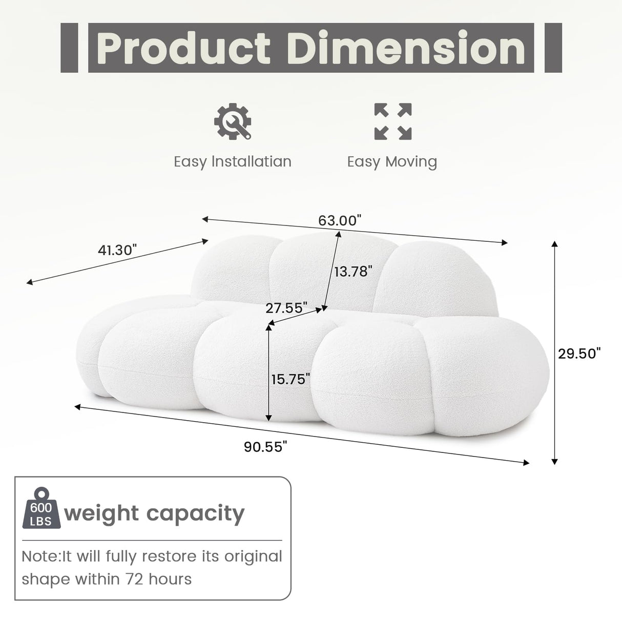 WJShome 90" Modern Curved Couch Cloud Shaped Sofa for Living Room,Lazy Floor Couch, Boucle LoveSofa, Cozy Leisure Boneless Chaise Lounge, Apartment-No Assembly Required(White) WJShome