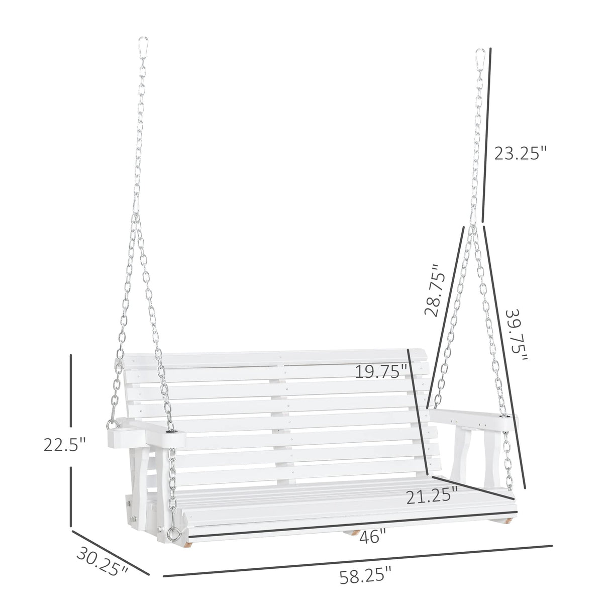 Outsunny Porch Swing with Chains and Cupholders, 2 Person Wooden Patio Swing Chair, 440 lbs. Weight Capacity, for Garden, Poolside, Backyard, White Outsunny