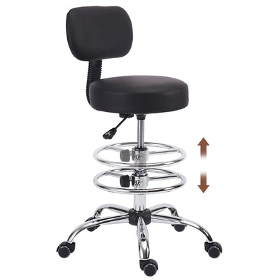 KLASIKA Drafting Chair with Backrest, Adjustable Foot Rest Height Rolling Stool with Wheels, Leather Swivel Work Shop Office Stools Chairs, Thick Seat Cushion Tall Kitchen Home Bar Stool - Black