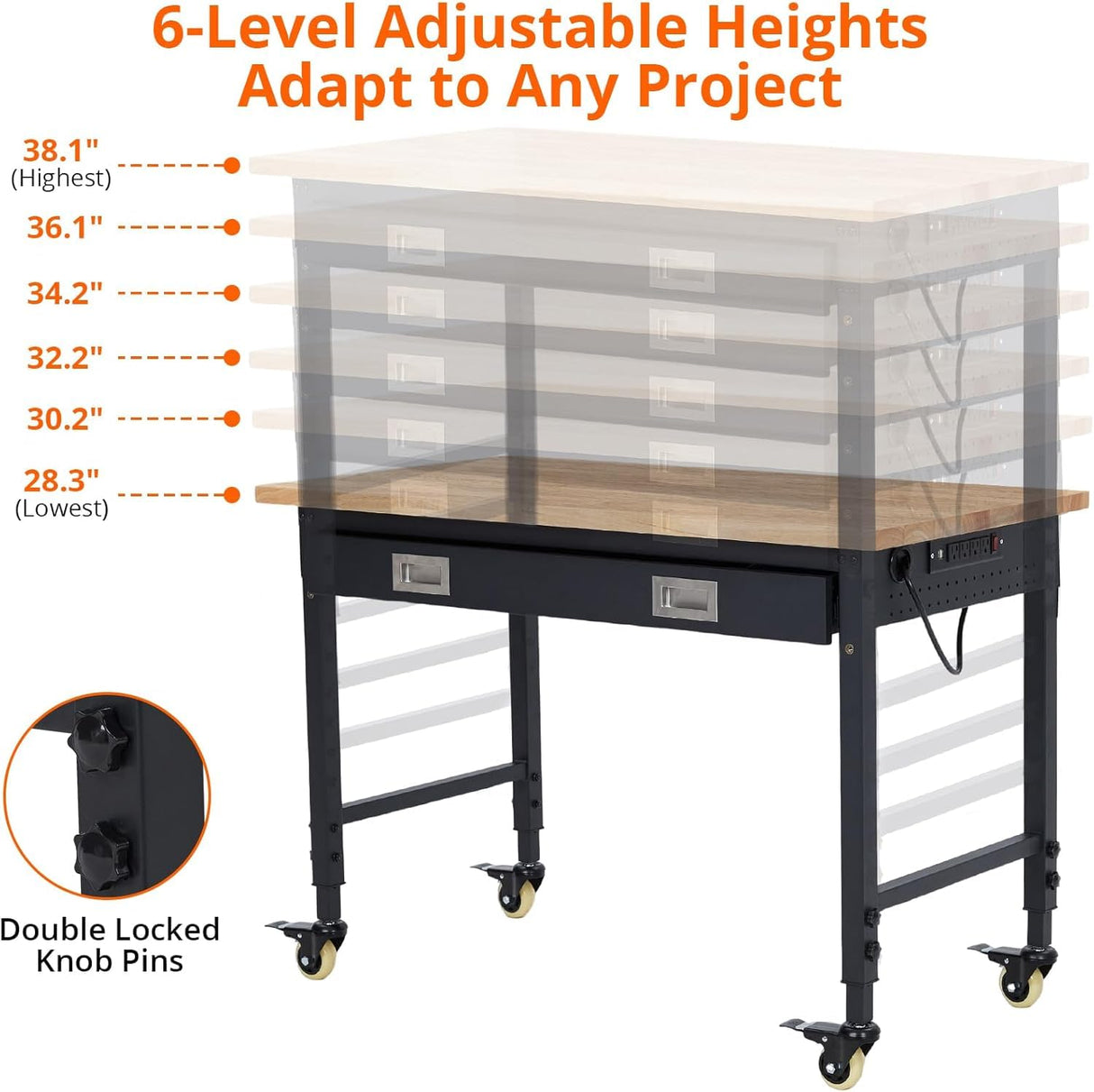 48"x 24" Workbench with Drawer for Garage, Rolling Heavy-Duty Worktable with Backplate & Light Strip, Adjustable Height Rubber Wood Top Shop Table for Workshop, 2000LBS Load Capacity ElfinAura