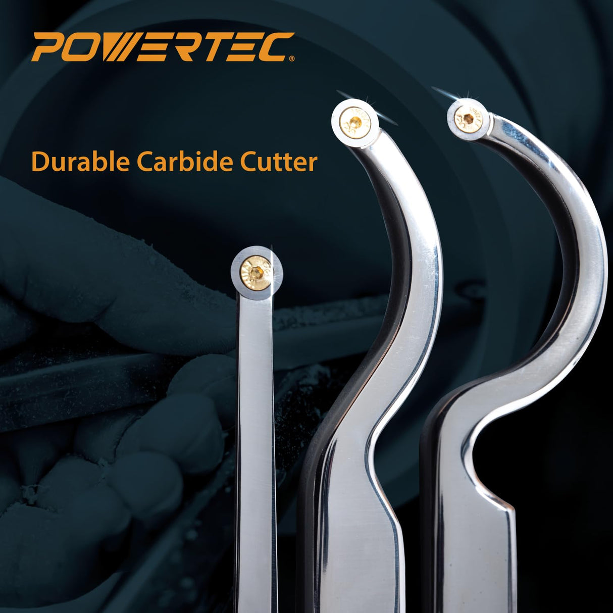 POWERTEC 71827 Carbide Tipped Woodturning Tool 3 Piece Set with Straight, Shallow Swan Neck & Deep Swan Neck for Deep Hollowing Work, Wood Lathe Chisel with Replaceable Tips POWERTEC