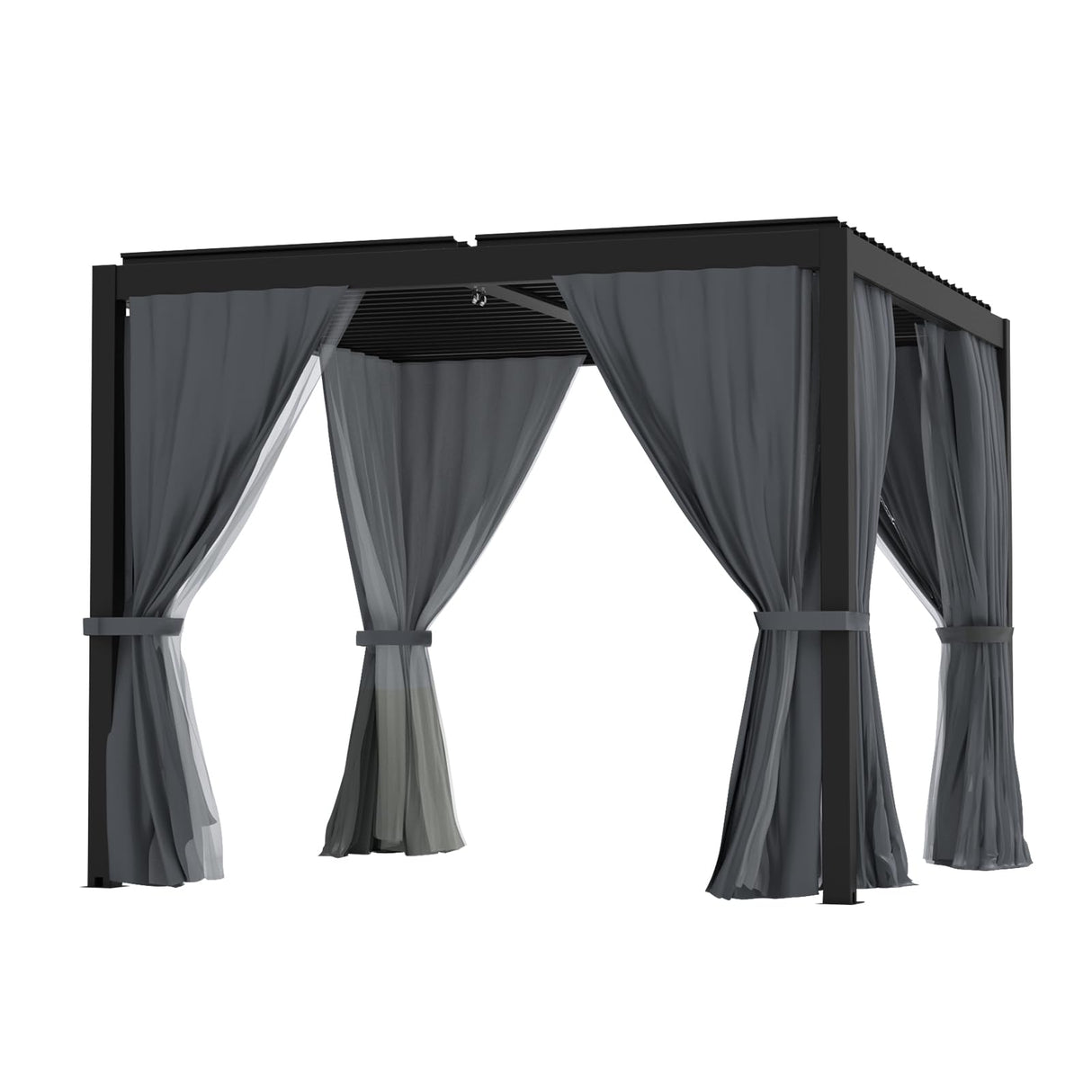 LVUYOYO Louvered Pergola 10' x 10', Outdoor Pergola with Adjustable Roof, Patio Aluminum Frame Metal Gazebo with Curtains and Netting for Patio, Backyard, Garden, Deck (Black) LVUYOYO