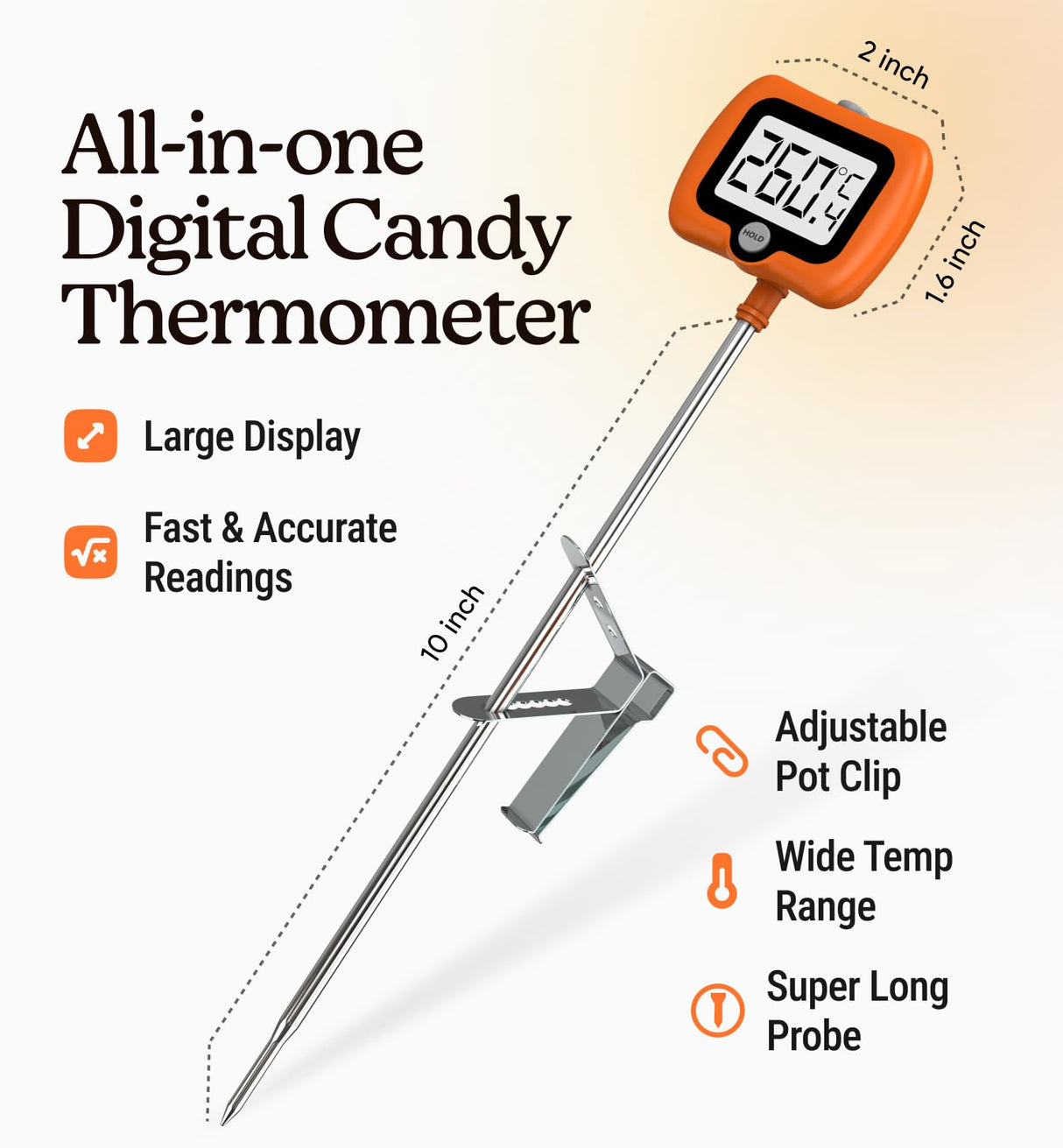 Digital Candy Thermometer with Pot Clip, Instant Read Kitchen Thermometer for Cooking, Baking, and Candy Making – 10" Stainless Steel Probe, LCD Display, Essential Baking Tool Craft911