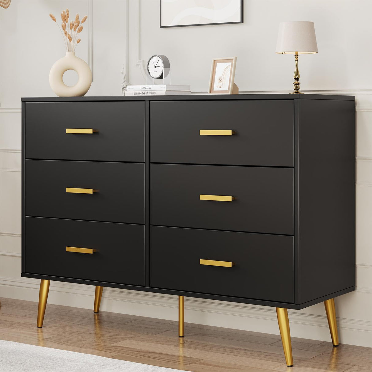 GarveeHome 6 Drawer Dresser, Modern Wooden Dresser with Gold Handles and Storage Space, Chest of Drawers for Bedroom, Hallway, Living Room and Entryway, Black GarveeHome