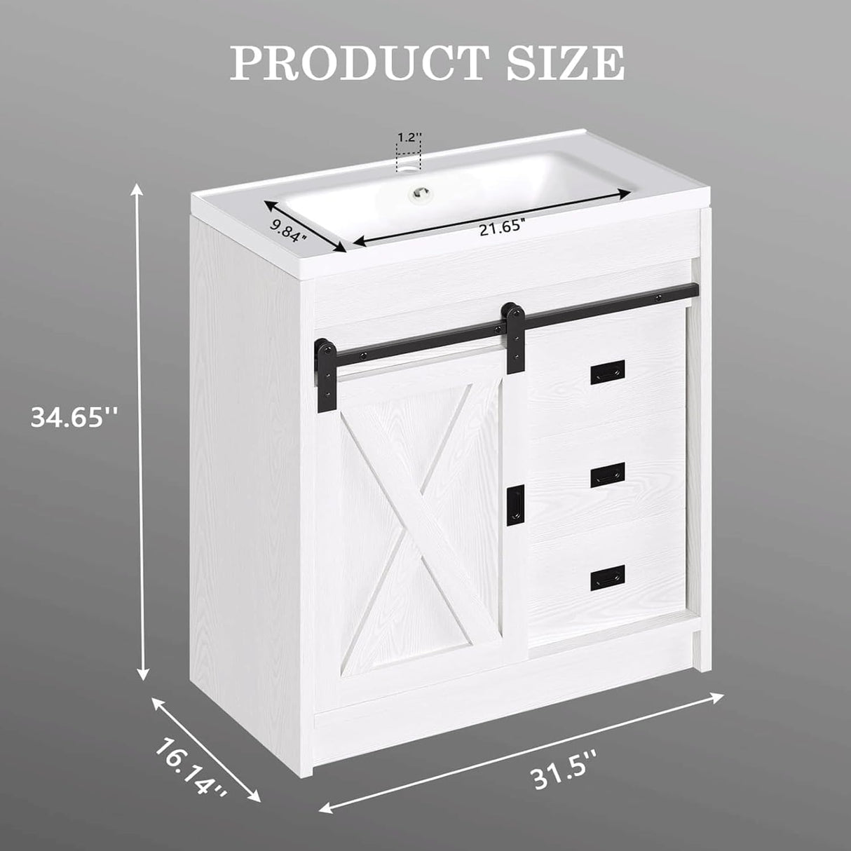 4ever2buy Farmhouse Bathroom Vanity with Sink, Bathroom Vanity Cabinet with 2 Drawers & Sliding Barn Door, White 4ever2buy