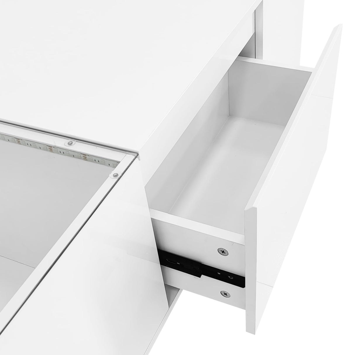 Led Coffee Table, Modern Center Table with High-Gloss Finish and Glass Tabletop, Coffee Table with Open Storage Compartment and 2 Hidden Drawers for Living Room, White RuiSiSi