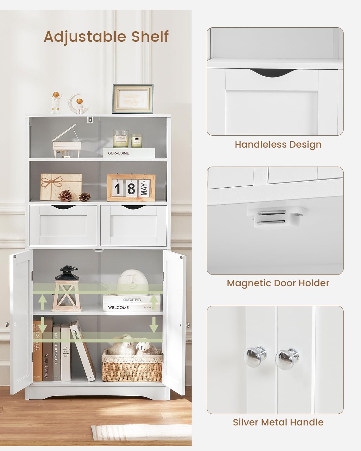 Iwell Tall Bathroom Cabinet, Storage Cabinet with 2 Drawers & Adjustable Shelves, Bathroom Storage Cabinet for Living Room, Dining Room, Entryway, White Iwell