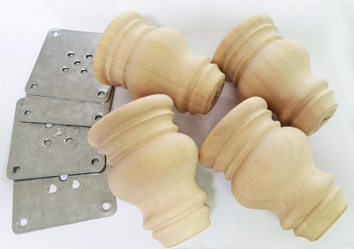 Wooden Furniture Legs, Solid Wood Unpainted Replacement Furniture Legs, Kitchen Dining Table Legs/Desk/Sofa/Bookcase Bun Feet, DIY Wooden Round legs with Mounting Plate & Screws Set of 4 (4 Inch) Btibpse