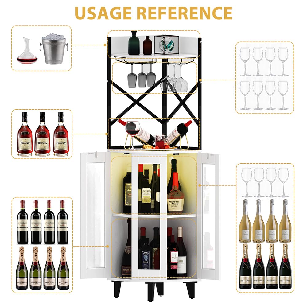 COCO DESIGN Corner Wine Cabinet with Locking Door, Alcohol Cabinet with Light, Lockable Bar with Glass Door for Home Kitchen, Dining Room, Farmhouse, 2 Glass Trays and 2 Wine Racks, White COCO DESIGN
