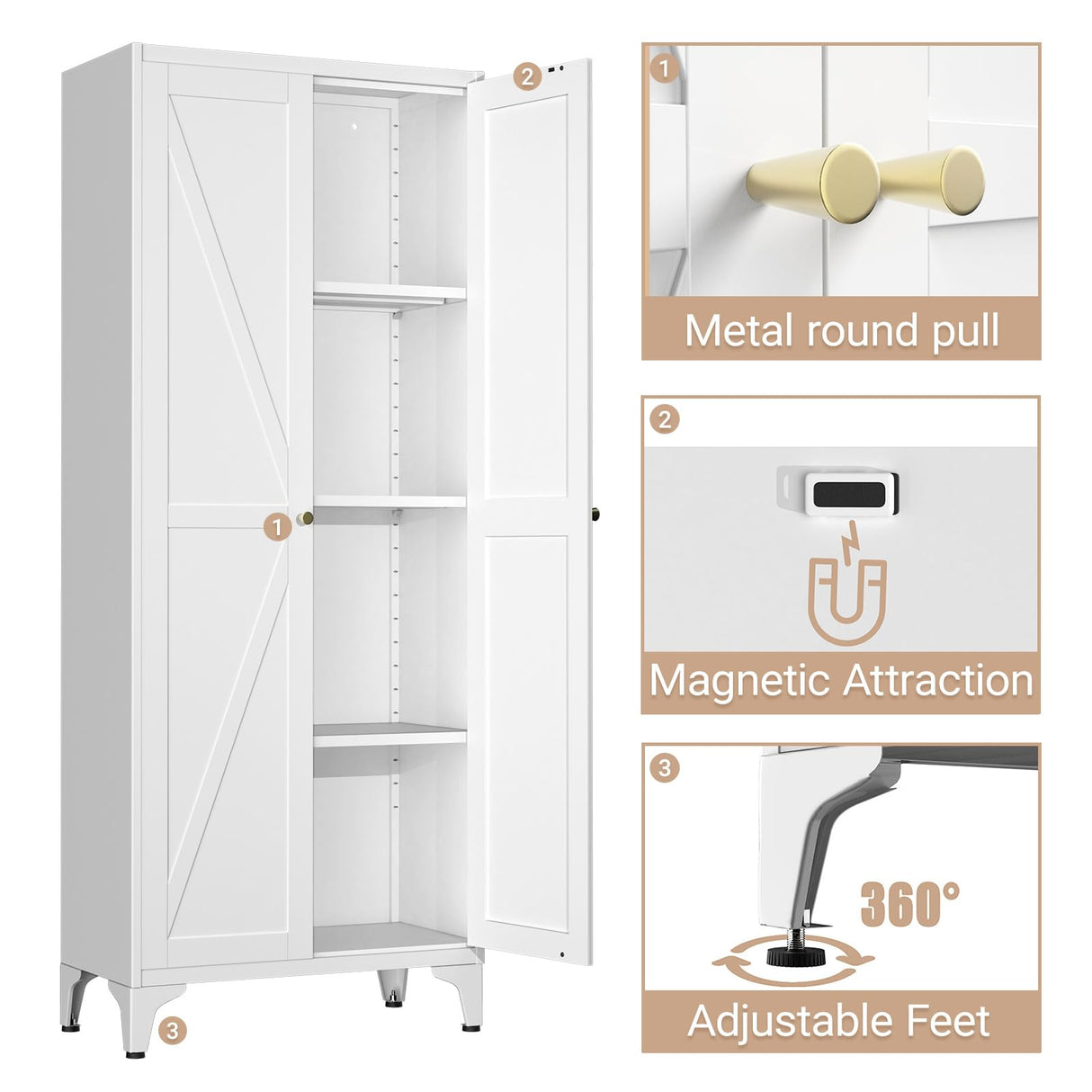 65" Tall Kitchen Cabinet,Food Pantry Cabinets with Doors and Adjustable Shelves,White Metal Storage Cabinets,Large and Portable Arganization Cabinet for Pantries Kitchen Living Room Bathroom Vaernevy