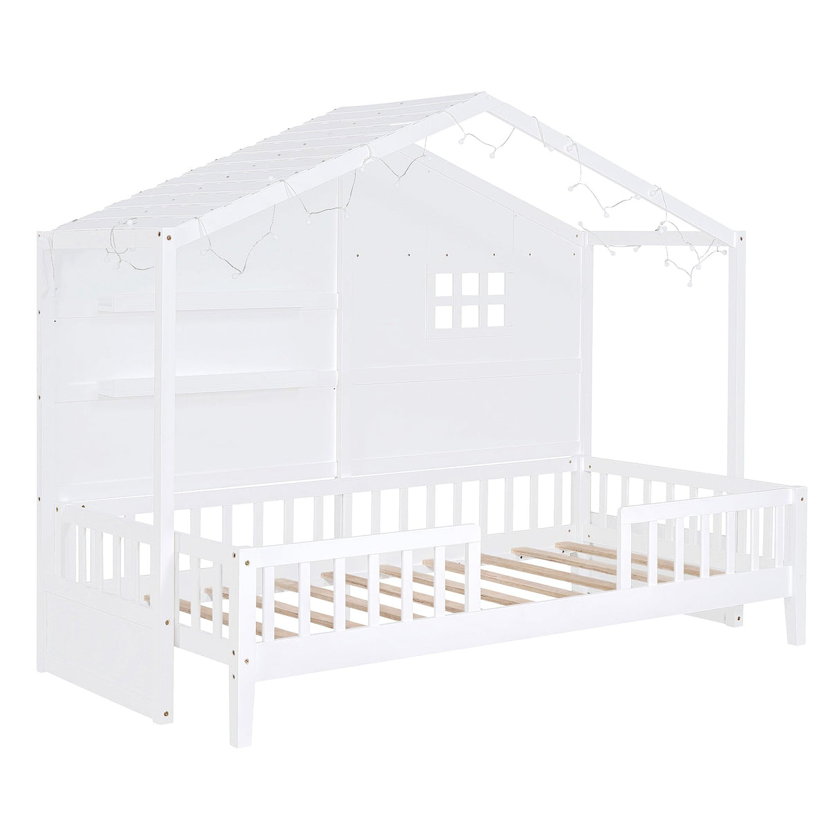 SOFTSEA Twin Size Low Loft House Bed with Shelves and Sparkling Light Stripe SOFTSEA