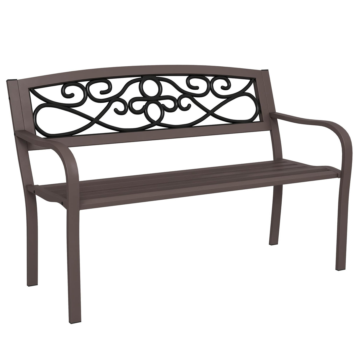 Outsunny 50" Outdoor Bench, Metal Garden Bench with Floral Pattern Backrest, Porch Bench with Slatted Seat for Park, Yard, Lawn, Brown Outsunny