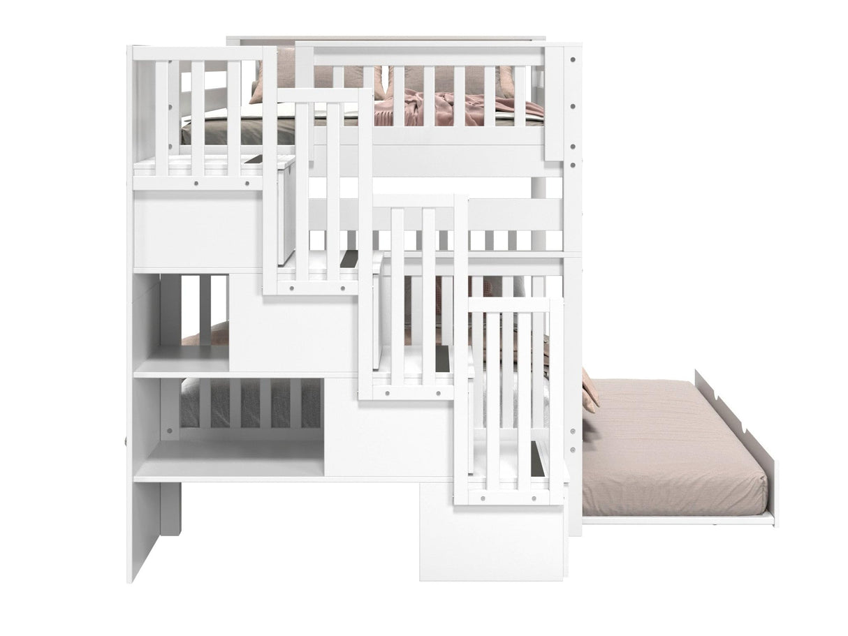 Bedz King Stairway Bunk Beds Full over Full with 4 Drawers in the Steps and a Twin Trundle, White Bedz King