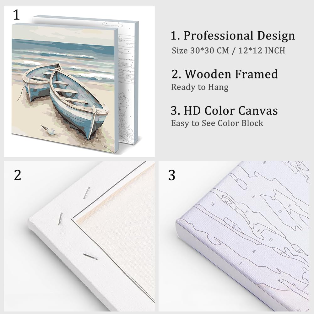 Natuyalo Paint by Numbers Kit with Framed - Boat Paint by Numbers for Adults Beginner Beach Seascape DIY Acrylic Painting by Numbers Kit Colorful Paintworks Artwork, 12x12 Inch Natuyalo