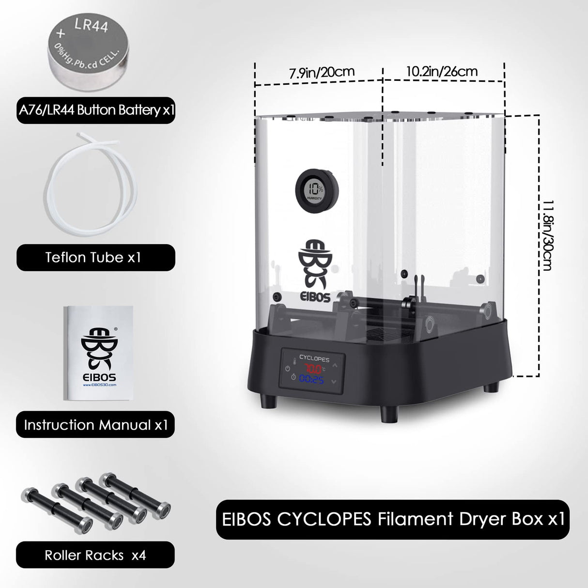 【EIBOS Official】3D Printer Filament Dryer Cyclopes with Fan, Filament Dry Box 2 Rolls with Adjustable Temp Max 70℃, Humidity Sensor, Infinite Timer, Compatible with 1.75mm 2.85mm 3.00mm PLA Nylon TPU EIBOS