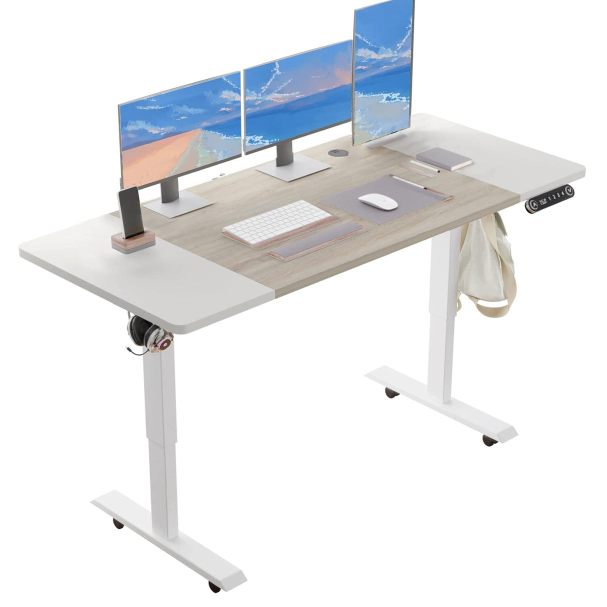 BUNOEM Height Adjustable Electric Standing Desk, 55X24 Height Stand Up Computer Desk,Sit and Stand Home Office Desk with Splice Board (White+Oak Top, White Frame) BUNOEM