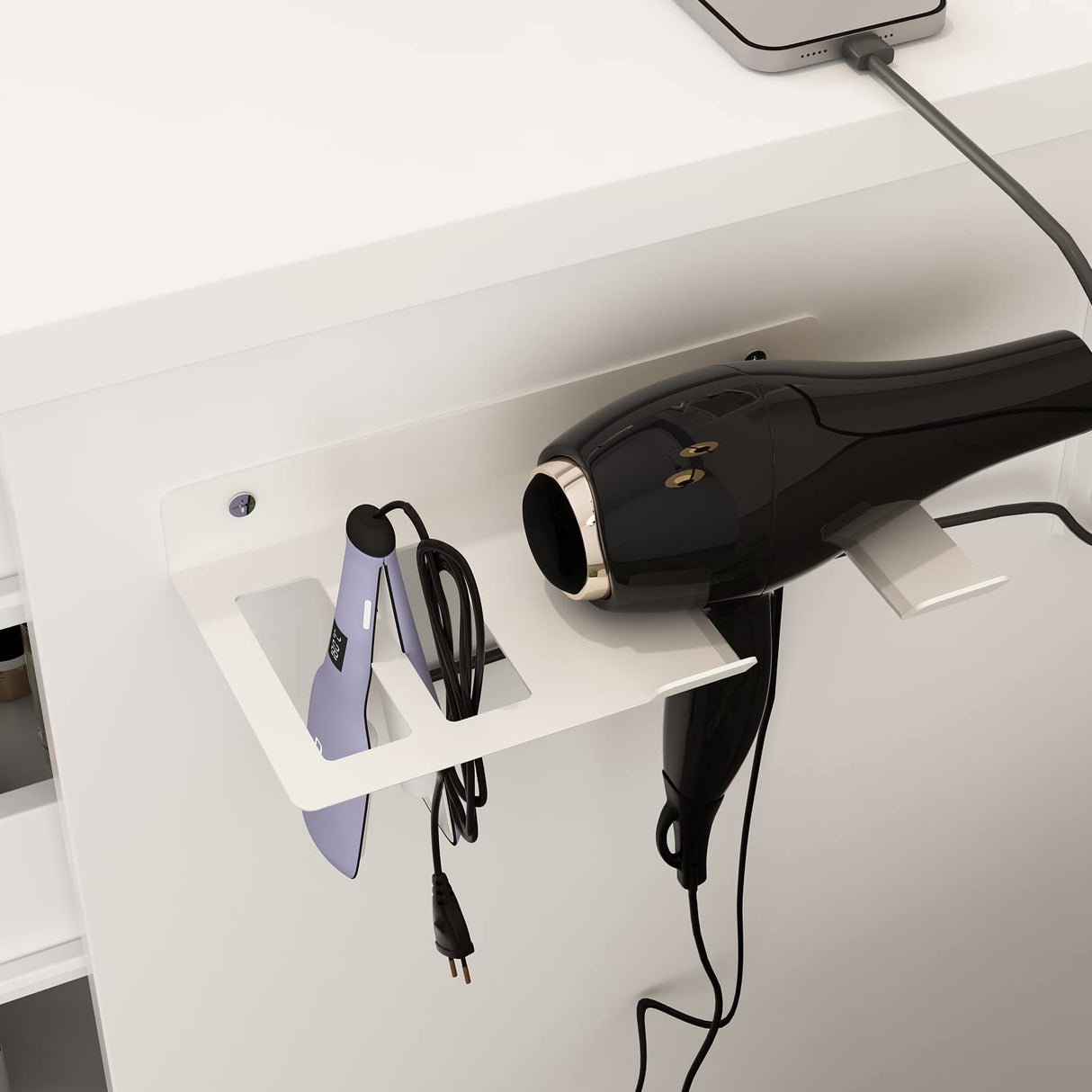 AIEGLE Large Vanity Desk Set with Sliding Lighted Mirror & Build-in Power Strip, 3 Colors LED Lighted Makeup Vanity Drawer Dressing Table with Hair Dryer Rack & Cushioned Stool, White - Power Strip AIEGLE