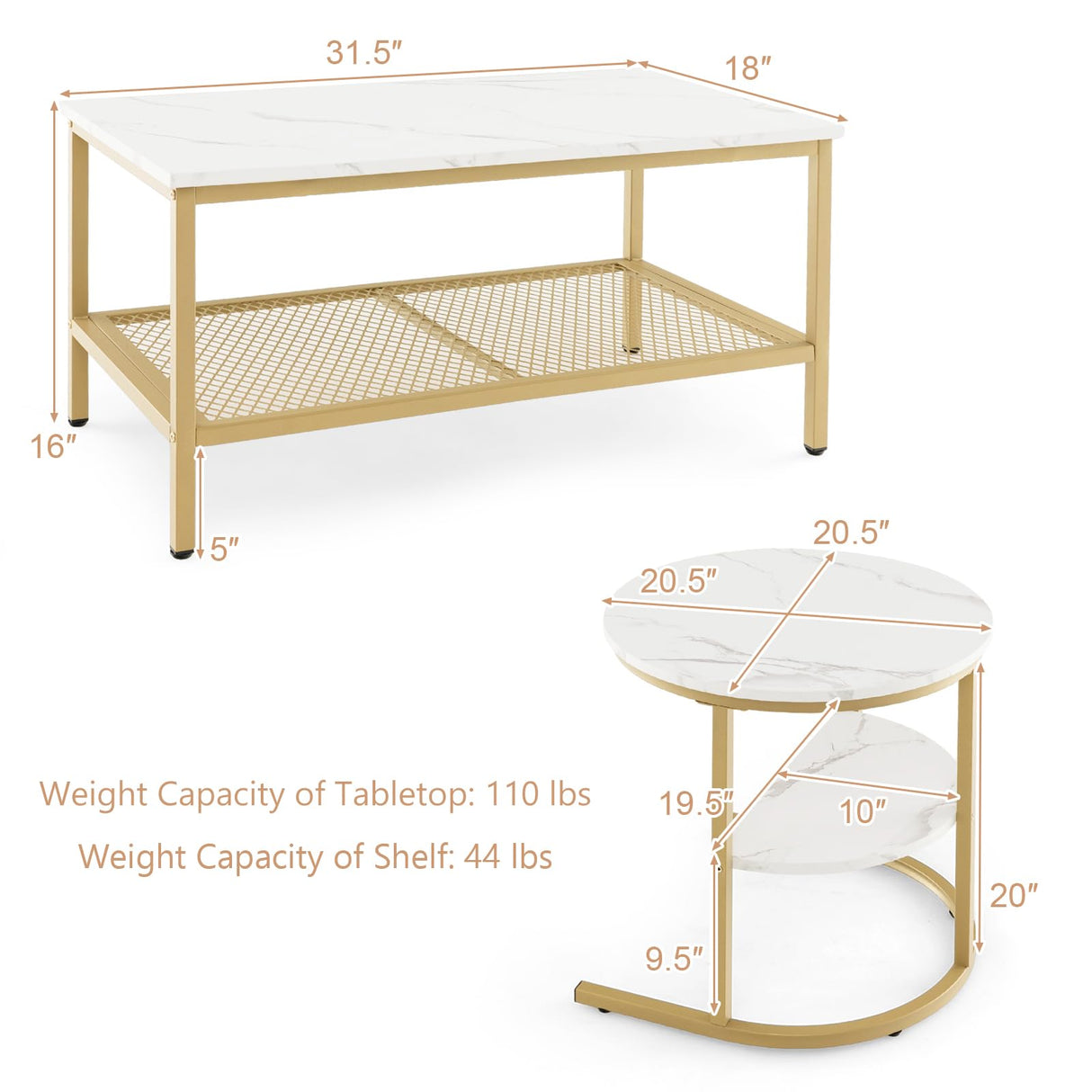 KOTEK Nesting Coffee Table Set of 2, Detachable Rectangular Coffee Table & Small Round End Table Set, Faux Marble Pattern & Sturdy Metal Frame, Modern Nesting Tables for Living Room (Gold) KOTEK