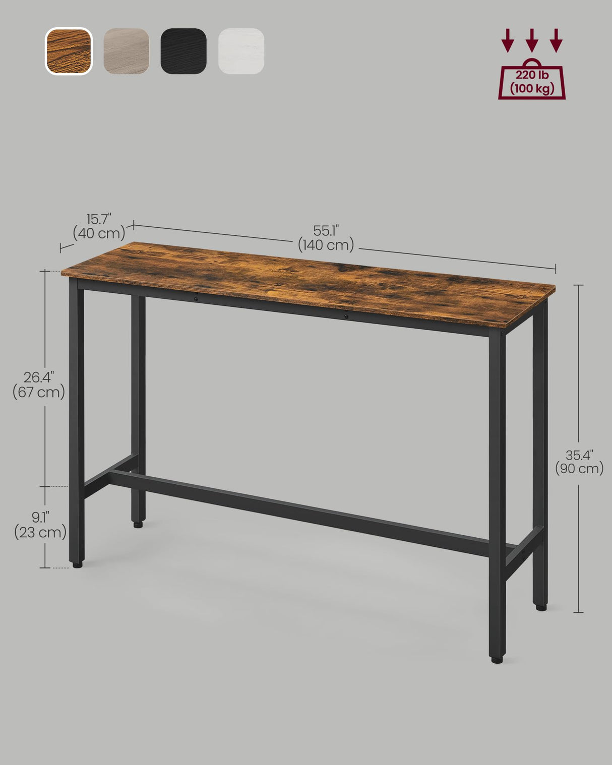 VASAGLE Bar Table, Narrow Long Bar Table, Kitchen Dining Table, High Pub Table, Sturdy Metal Frame, Industrial Design, 15.7 x 55.1 x 35.4 Inches, Rustic Brown and Ink Black ULBT140B01 VASAGLE
