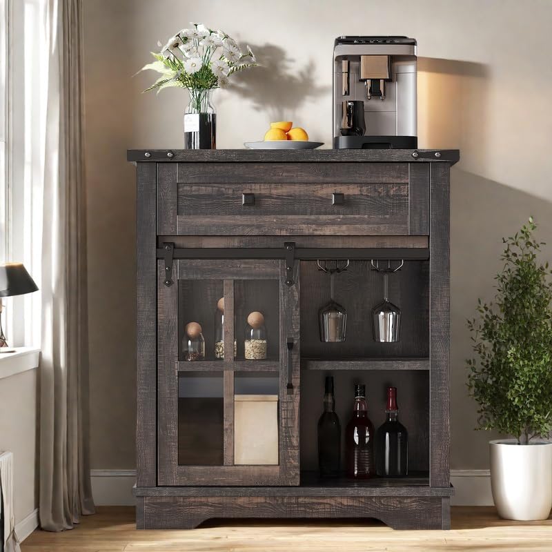 YITAHOME 32" Sideboard Coffee Bar Cabinet, Farmhouse Buffet Cabinet with Drawer & Adjustable Storage Shelves, Storage Cabinet with Sliding Barn Door for Living Room, Dark Rustic Oak YITAHOME