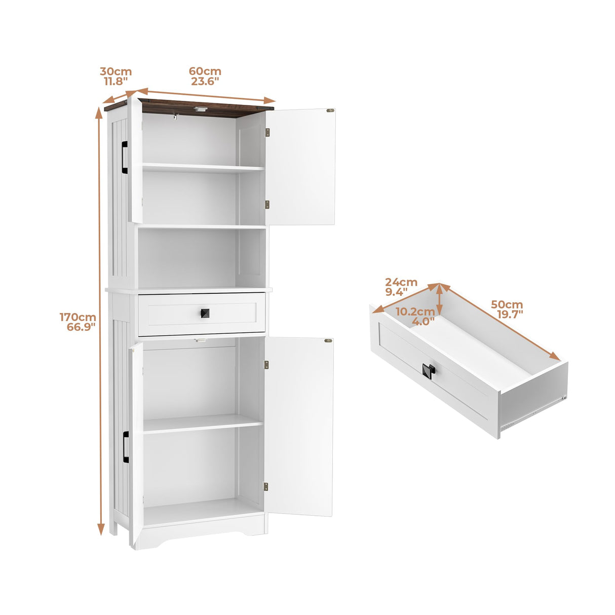 VVFLU Farmhouse Tall Bathroom Storage Cabinet, 67" H Pantry Cabinet, 1 Drawer, 4 Doors, 2 Adjustable Shelves, for Bathroom, Kitchen, Living Room (Americana) VVFLU