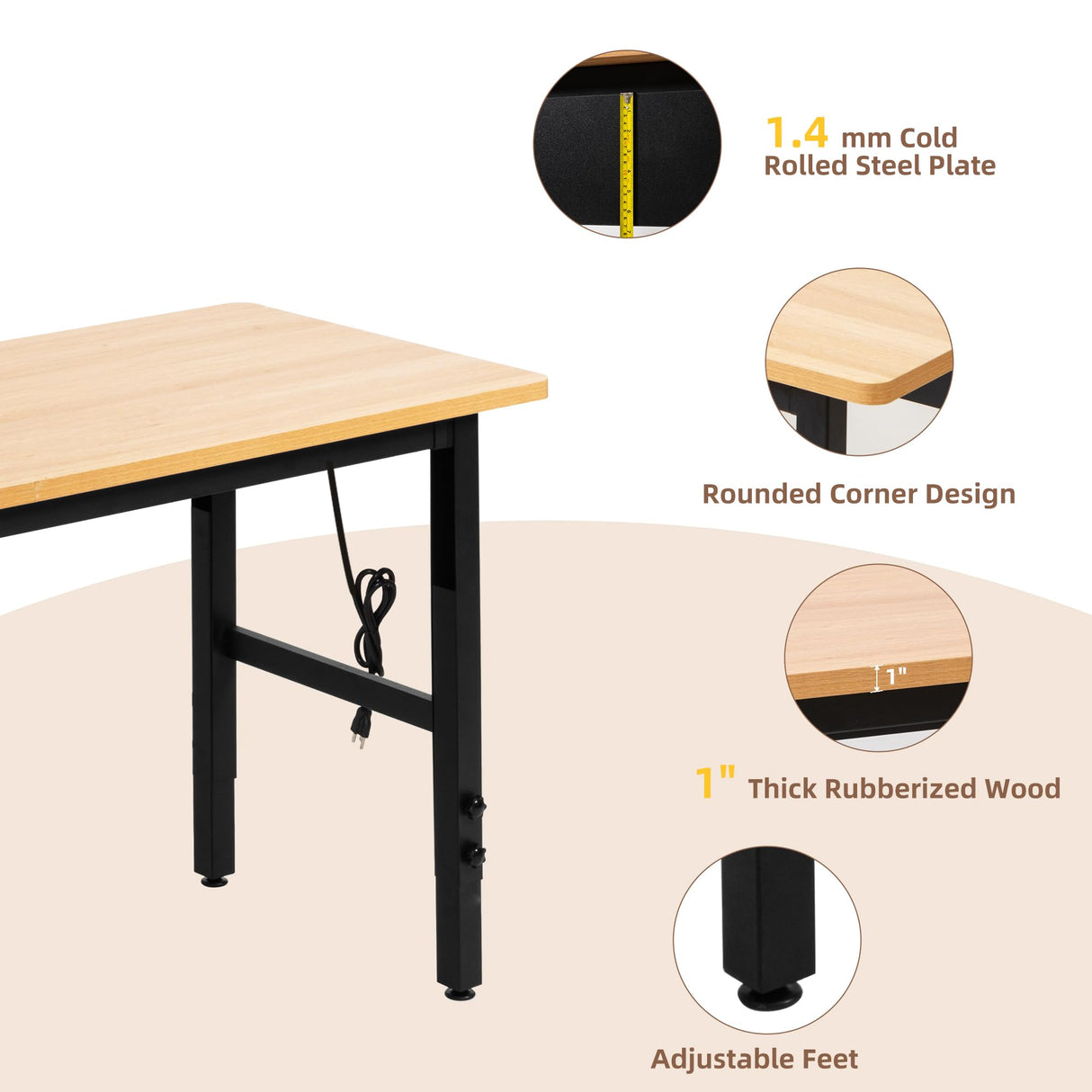 48" Adjustable Workbench with Power Outlets, Work Table for Garage, 2000 LBS Capacity Hardwood Work Bench, Heavy Duty Table for Workshop, Office, Garage, Home spanspace